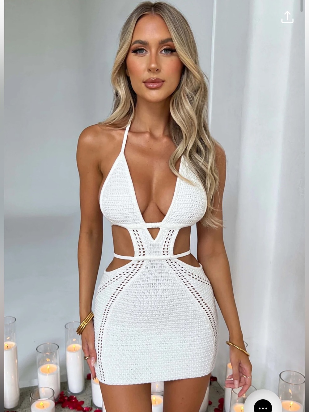 Babyboo Fashion Selena White Crochet Halter Cutout Mini Dress - Size Small